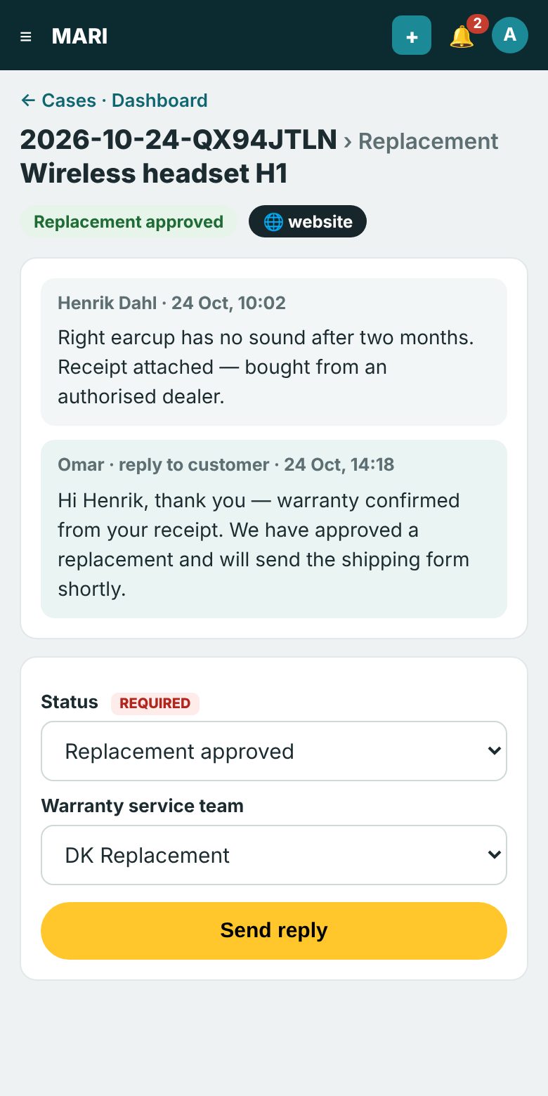 A warranty case opened in Mari Support Desk on a phone